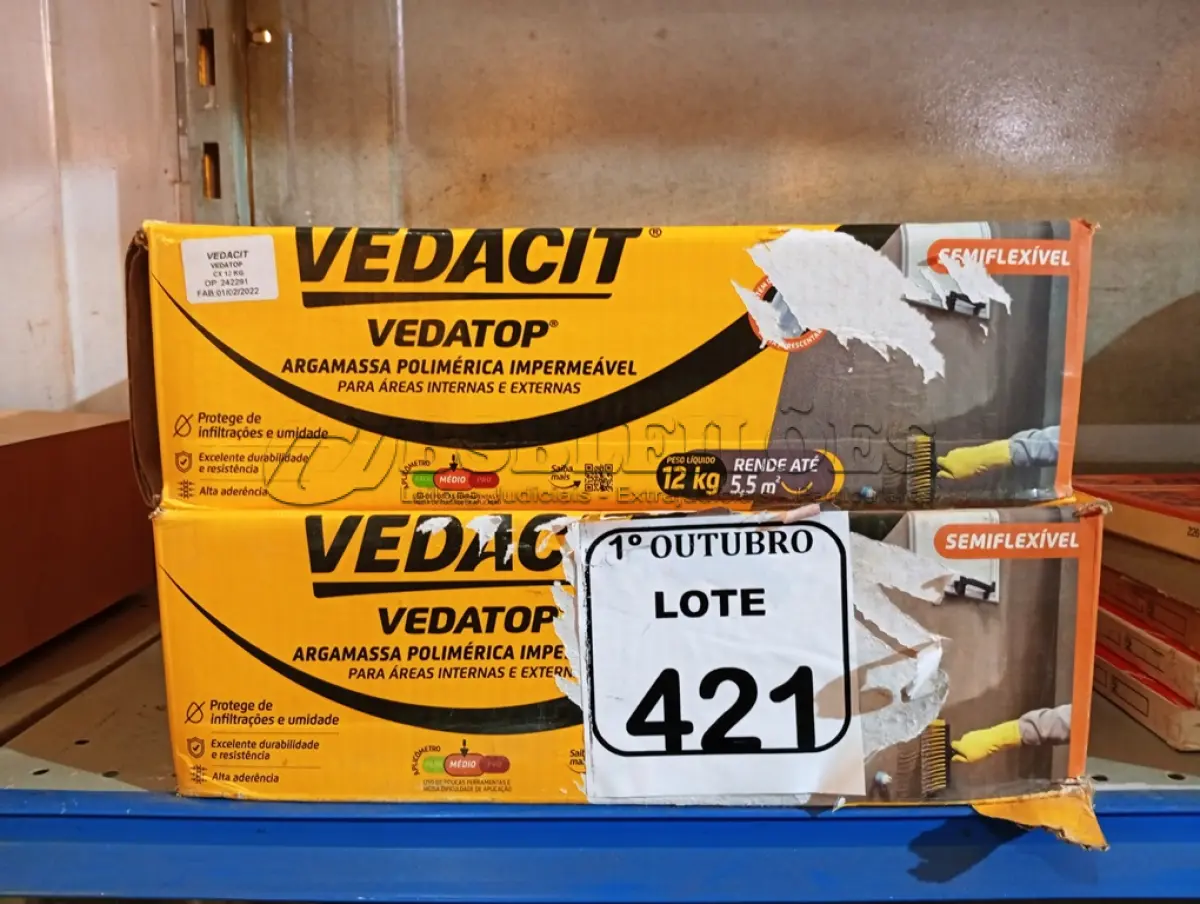 LOTE 421 - 02 CAIXAS DE VEDACIT ARGAMASSA POLIMÉRICA IMPERMEÁVEL 12KG CADA. (NO ESTADO) ATENÇÃO! FAZER A VISITAÇÃO ANTES DE ARREMATAR, NÃO SABEMOS SE FUNCIONA. LEILÃO NÃO TEM GARANTIA E NEM DEVOLUÇÃO, SUJEITO A POSSÍVEIS AVARIAS VISÍVEIS/OCULTAS E/OU AUSÊNCIA DE COMPONENTES.