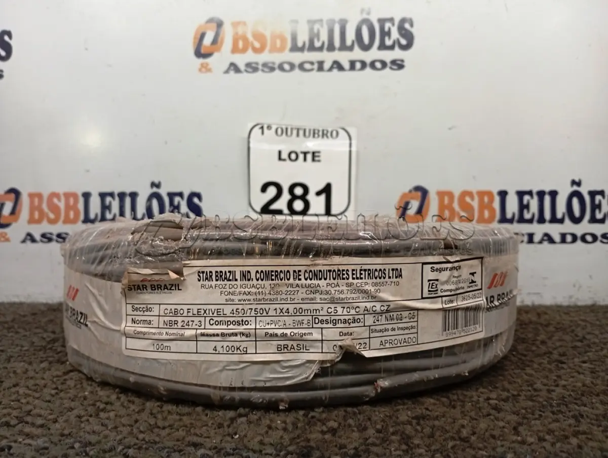 LOTE 281 - 01 ROLO DE CABO DE FIO FLEXÍVEL 1×4,00MM NA COR CINZA (NOVO). (NO ESTADO) ATENÇÃO! FAZER A VISITAÇÃO ANTES DE ARREMATAR, NÃO SABEMOS SE FUNCIONA. LEILÃO NÃO TEM GARANTIA E NEM DEVOLUÇÃO, SUJEITO A POSSÍVEIS AVARIAS VISÍVEIS/OCULTAS E/OU AUSÊNCIA DE COMPONENTES.