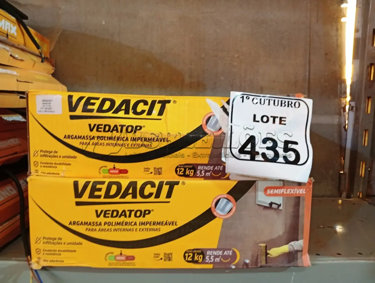 LOTE 435 - 02 CAIXAS DE VEDACIT ARGAMASSA POLIMÉRICA IMPERMEÁVEL 12KG CADA. (NO ESTADO) ATENÇÃO! FAZER A VISITAÇÃO ANTES DE ARREMATAR, NÃO SABEMOS SE FUNCIONA. LEILÃO NÃO TEM GARANTIA E NEM DEVOLUÇÃO, SUJEITO A POSSÍVEIS AVARIAS VISÍVEIS/OCULTAS E/OU AUSÊNCIA DE COMPONENTES.