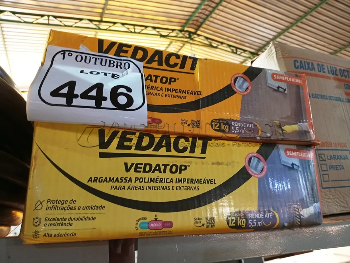 LOTE 446 - 02 CAIXAS DE VEDATOP ARGAMASSA POLIMÉRICA IMPERMEÁVEL 12KG. (NO ESTADO) ATENÇÃO! FAZER A VISITAÇÃO ANTES DE ARREMATAR, NÃO SABEMOS SE FUNCIONA. LEILÃO NÃO TEM GARANTIA E NEM DEVOLUÇÃO, SUJEITO A POSSÍVEIS AVARIAS VISÍVEIS/OCULTAS E/OU AUSÊNCIA DE COMPONENTES.