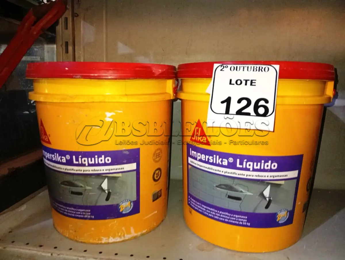 LOTE 126 - 02 BALDES DE IMPERSIKA LIQUIDO ADITIVO IMPERMEABILIZANTE E PLASTIFICANTE P REBOCO E ARGAMASSA DE 18L CADA. (NO ESTADO) ATENÇÃO! FAZER A VISITAÇÃO ANTES DE ARREMATAR, NÃO SABEMOS SE FUNCIONA. LEILÃO NÃO TEM GARANTIA E NEM DEVOLUÇÃO, SUJEITO A POSSÍVEIS AVARIAS VISÍVEIS/OCULTAS E/OU AUSÊNCIA DE COMPONENTES.
