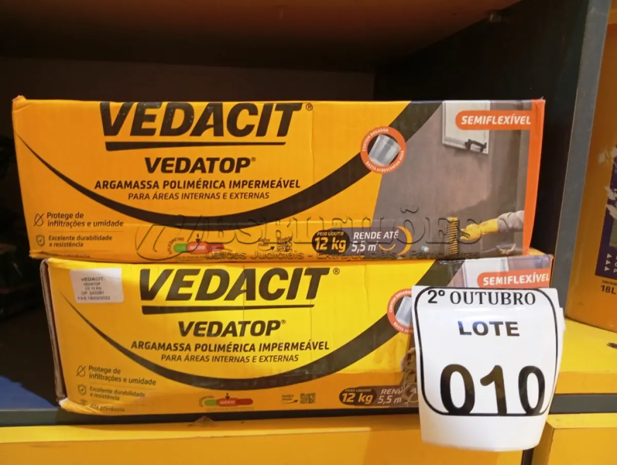 LOTE 010 - 02 CAIXAS DE VEDACIT ARGAMASSA POLIMÉRICA IMPERMEÁVEL. (NO ESTADO) ATENÇÃO! FAZER A VISITAÇÃO ANTES DE ARREMATAR, NÃO SABEMOS SE FUNCIONA. LEILÃO NÃO TEM GARANTIA E NEM DEVOLUÇÃO, SUJEITO A POSSÍVEIS AVARIAS VISÍVEIS/OCULTAS E/OU AUSÊNCIA DE COMPONENTES.