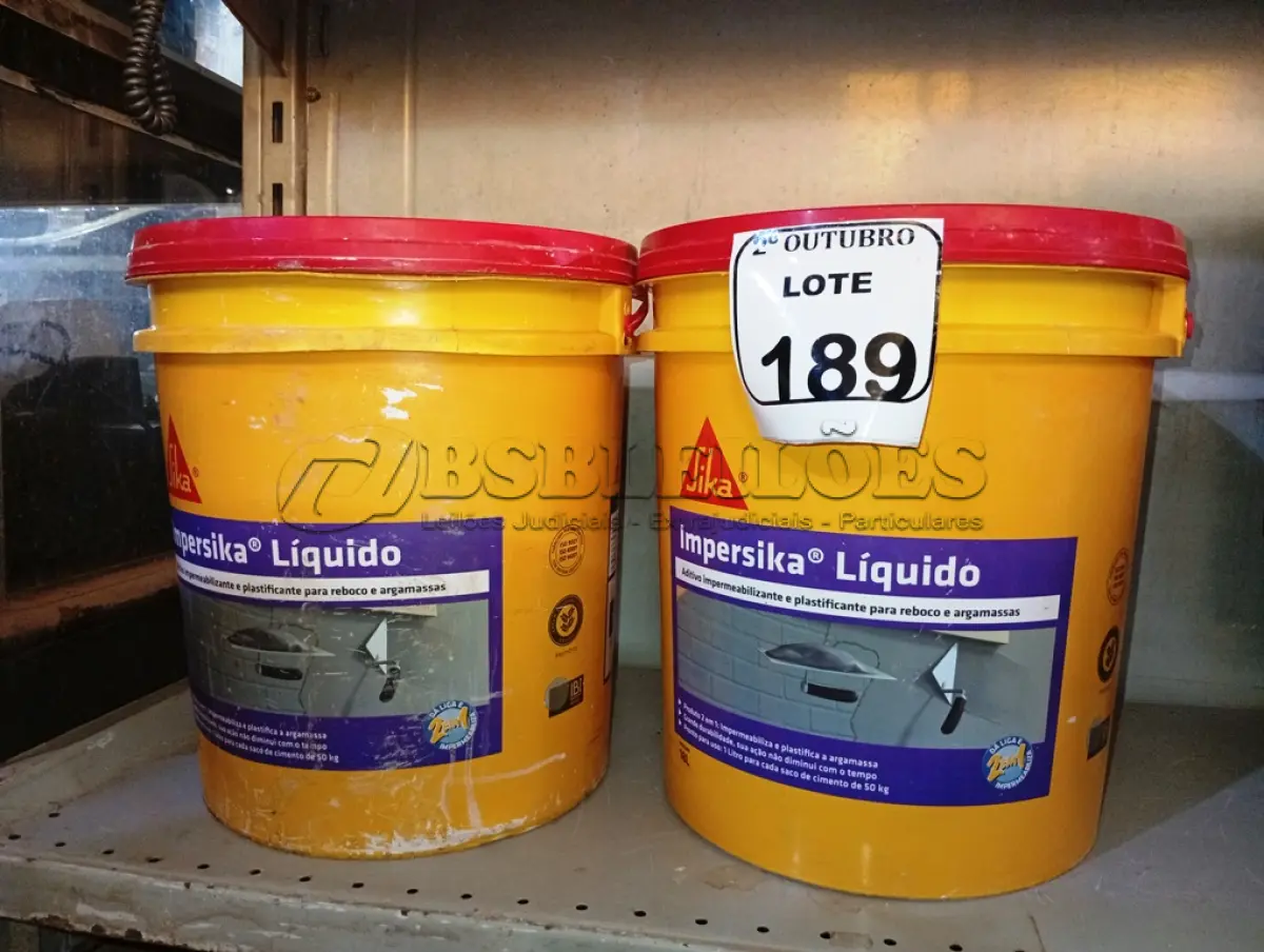LOTE 189 - 02 BALDES DE IMPERSIKA LIQUIDO ADITIVO IMPERMEABILIZANTE E PLASTIFICANTE P REBOCO E ARGAMASSA DE 18L CADA. (NO ESTADO) ATENÇÃO! FAZER A VISITAÇÃO ANTES DE ARREMATAR, NÃO SABEMOS SE FUNCIONA. LEILÃO NÃO TEM GARANTIA E NEM DEVOLUÇÃO, SUJEITO A POSSÍVEIS AVARIAS VISÍVEIS/OCULTAS E/OU AUSÊNCIA DE COMPONENTES.