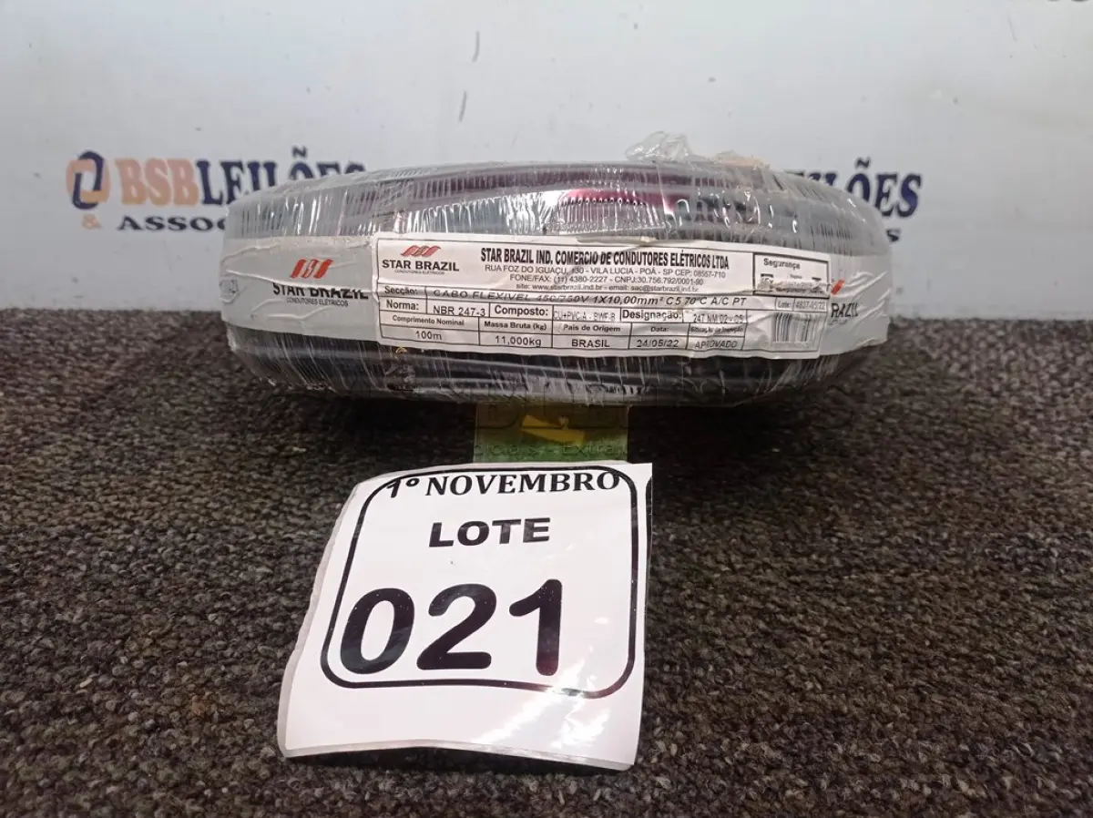 LOTE 021 - 01 ROLO DE FIO NA COR PRETA, MARCA STAR BRAZIL CABO FLEXÍVEL 45C/750V 1X10MM². (NO ESTADO) ATENÇÃO! FAZER A VISITAÇÃO ANTES DE ARREMATAR, NÃO SABEMOS SE FUNCIONA. LEILÃO NÃO TEM GARANTIA E NEM DEVOLUÇÃO, SUJEITO A POSSÍVEIS AVARIAS VISÍVEIS/OCULTAS E/OU AUSÊNCIA DE COMPONENTES.