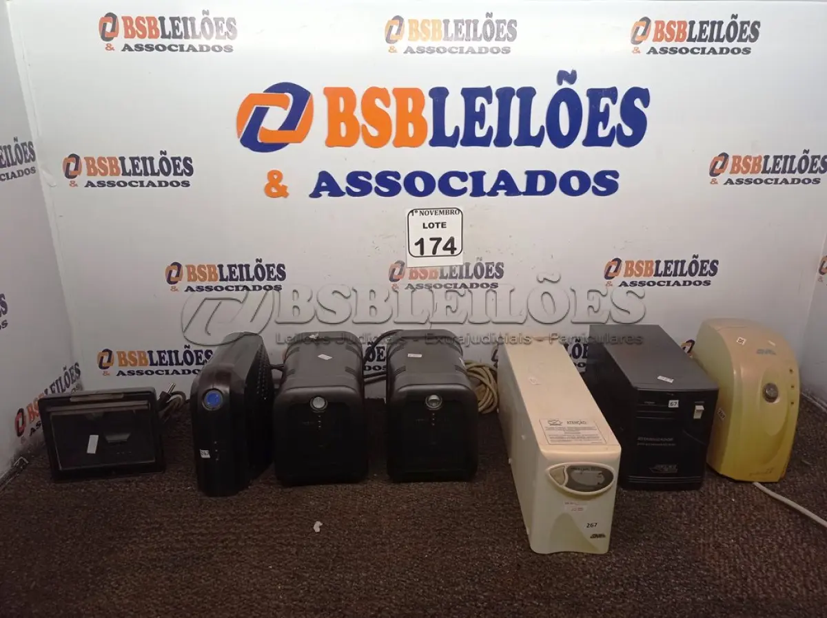 LOTE 174 - 03 NOBREAKS, 03 ESTABILIZADORES MARCAS E MODELOS DIVERSOS E 01 LEITOR DE CÓDIGO DE BARRAS. (NO ESTADO) ATENÇÃO! FAZER A VISITAÇÃO ANTES DE ARREMATAR, NÃO SABEMOS SE FUNCIONA. LEILÃO NÃO TEM GARANTIA E NEM DEVOLUÇÃO, SUJEITO A POSSÍVEIS AVARIAS VISÍVEIS/OCULTAS E/OU AUSÊNCIA DE COMPONENTES.