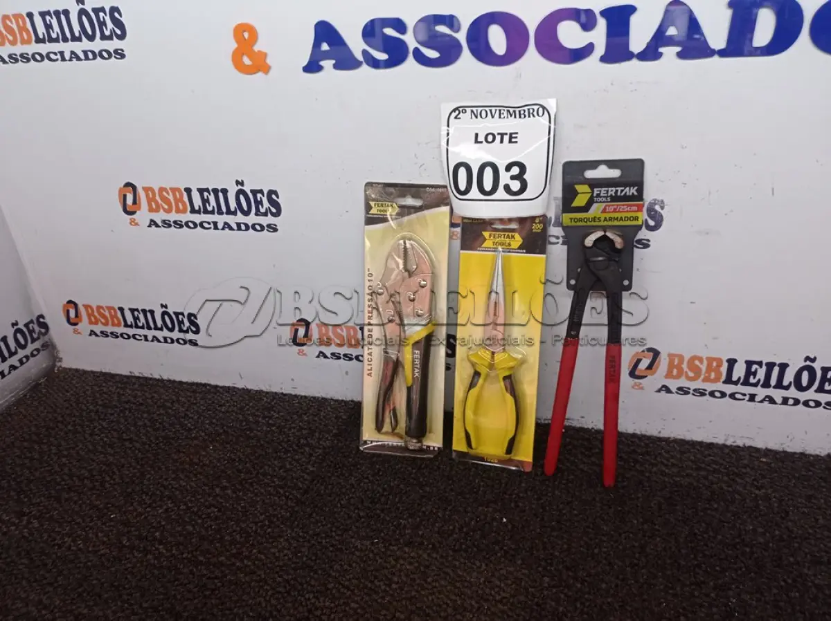 LOTE 003 - 01 ALICATE DE PRESSÃO 10, 01 TORQUE ARMADOR E 01 ALICATE DE BICO MEIA CANA MARCA FERTAK (NOVO). (NO ESTADO) ATENÇÃO! FAZER A VISITAÇÃO ANTES DE ARREMATAR, NÃO SABEMOS SE FUNCIONA. LEILÃO NÃO TEM GARANTIA E NEM DEVOLUÇÃO, SUJEITO A POSSÍVEIS AVARIAS VISÍVEIS/OCULTAS E/OU AUSÊNCIA DE COMPONENTES.