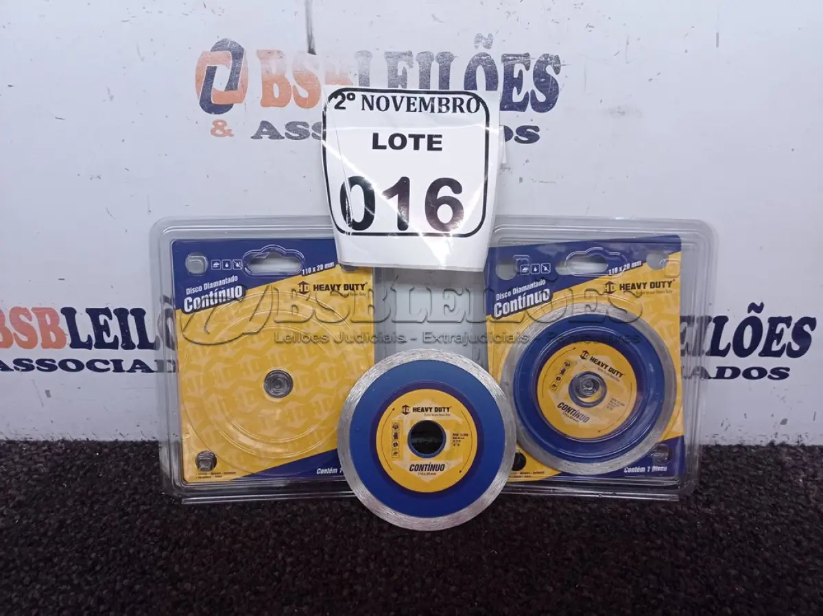 LOTE 016 - 02 DISCOS DIAMANTADOS CONTÍNUOS MARCA HEAVY DUTY(NOVO). (NO ESTADO) ATENÇÃO! FAZER A VISITAÇÃO ANTES DE ARREMATAR, NÃO SABEMOS SE FUNCIONA. LEILÃO NÃO TEM GARANTIA E NEM DEVOLUÇÃO, SUJEITO A POSSÍVEIS AVARIAS VISÍVEIS/OCULTAS E/OU AUSÊNCIA DE COMPONENTES.