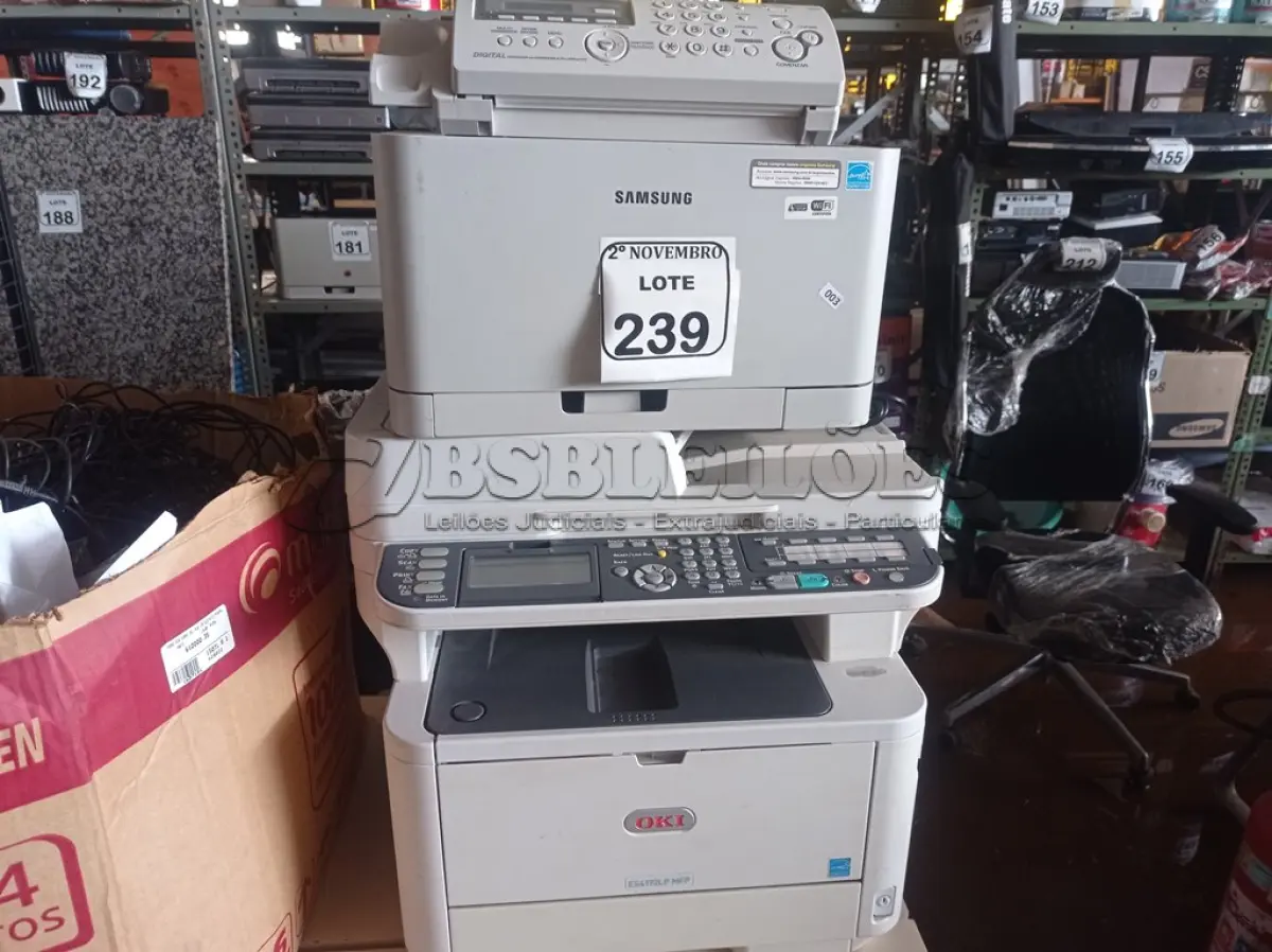LOTE 239 - 01 APARELHO DE FAX INCOMPLETO 02 IMPRESSORAS SENDO UMA MULTIFUNCIONAL OKI E A OUTRA SAMSUNG. (NO ESTADO) ATENÇÃO! FAZER A VISITAÇÃO ANTES DE ARREMATAR, NÃO SABEMOS SE FUNCIONA. LEILÃO NÃO TEM GARANTIA E NEM DEVOLUÇÃO, SUJEITO A POSSÍVEIS AVARIAS VISÍVEIS/OCULTAS E/OU AUSÊNCIA DE COMPONENTES.