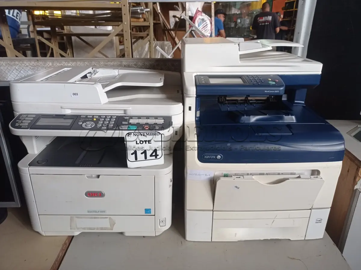 LOTE 114 - 02 IMPRESSORAS MULTIFUNCIONAIS MARCAS XEROX E OKI. (NO ESTADO) ATENÇÃO! FAZER A VISITAÇÃO ANTES DE ARREMATAR, NÃO SABEMOS SE FUNCIONA. LEILÃO NÃO TEM GARANTIA E NEM DEVOLUÇÃO, SUJEITO A POSSÍVEIS AVARIAS VISÍVEIS/OCULTAS E/OU AUSÊNCIA DE COMPONENTES.