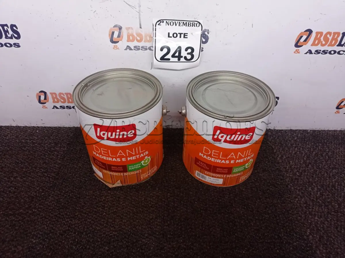 LOTE 243 - 01 LATA DE TINTA P/MADEIRAS E METAIS NA COR AREIA 3,6L MARCA IQUINE E 01 LATA DE TINTA P/MADEIRAS E METAIS NA COR AZUL CELESTE3,6L MARCA IQUINE (NOVO). (NO ESTADO) ATENÇÃO! FAZER A VISITAÇÃO ANTES DE ARREMATAR, NÃO SABEMOS SE FUNCIONA. LEILÃO NÃO TEM GARANTIA E NEM DEVOLUÇÃO, SUJEITO A POSSÍVEIS AVARIAS VISÍVEIS/OCULTAS E/OU AUSÊNCIA DE COMPONENTES.