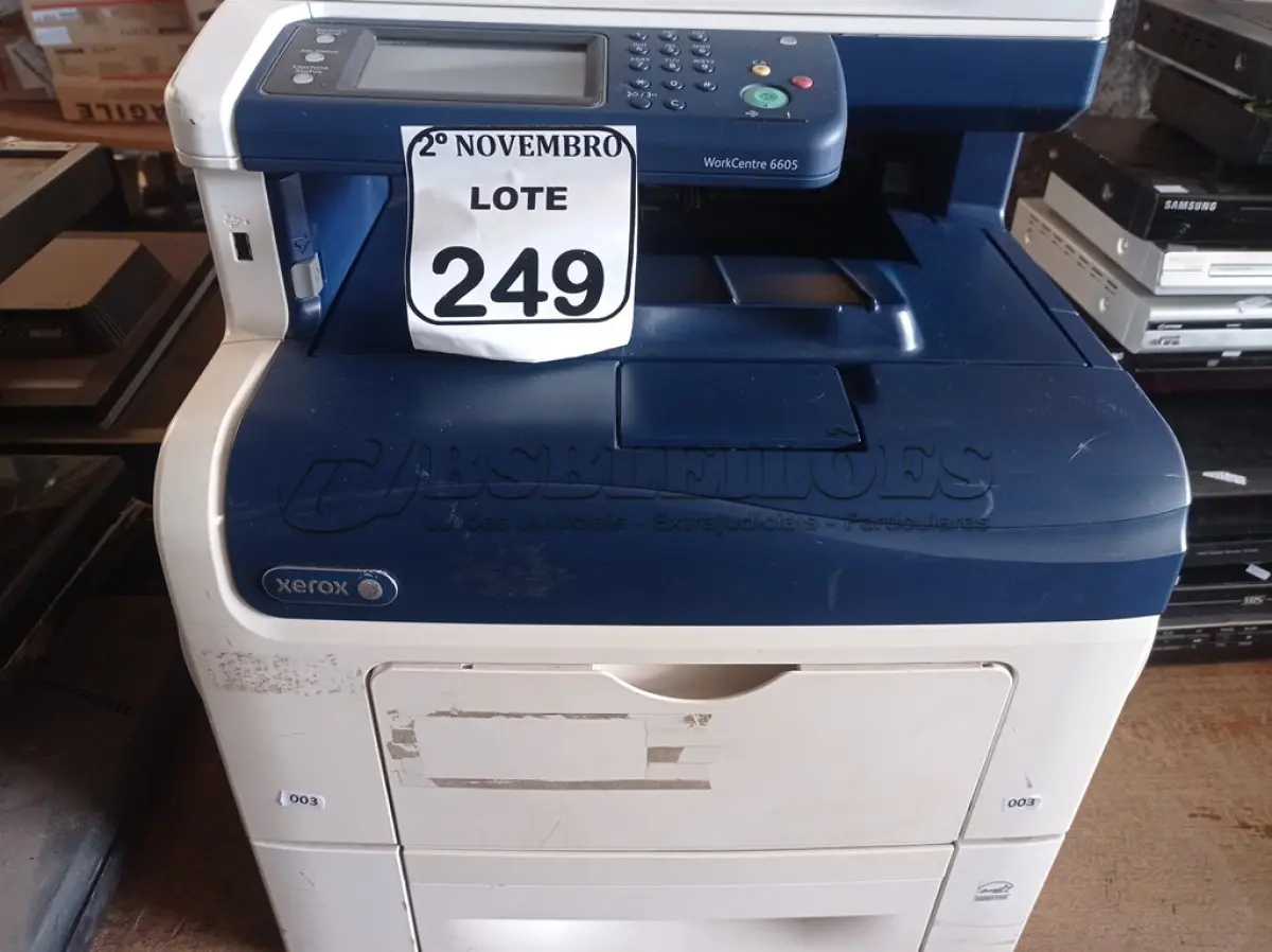 LOTE 249 - 01 IMPRESSORA MULTIFUNCIONAL MARCA XEROX MODELO WORKCENTRE 6605. (NO ESTADO) ATENÇÃO! FAZER A VISITAÇÃO ANTES DE ARREMATAR, NÃO SABEMOS SE FUNCIONA. LEILÃO NÃO TEM GARANTIA E NEM DEVOLUÇÃO, SUJEITO A POSSÍVEIS AVARIAS VISÍVEIS/OCULTAS E/OU AUSÊNCIA DE COMPONENTES.