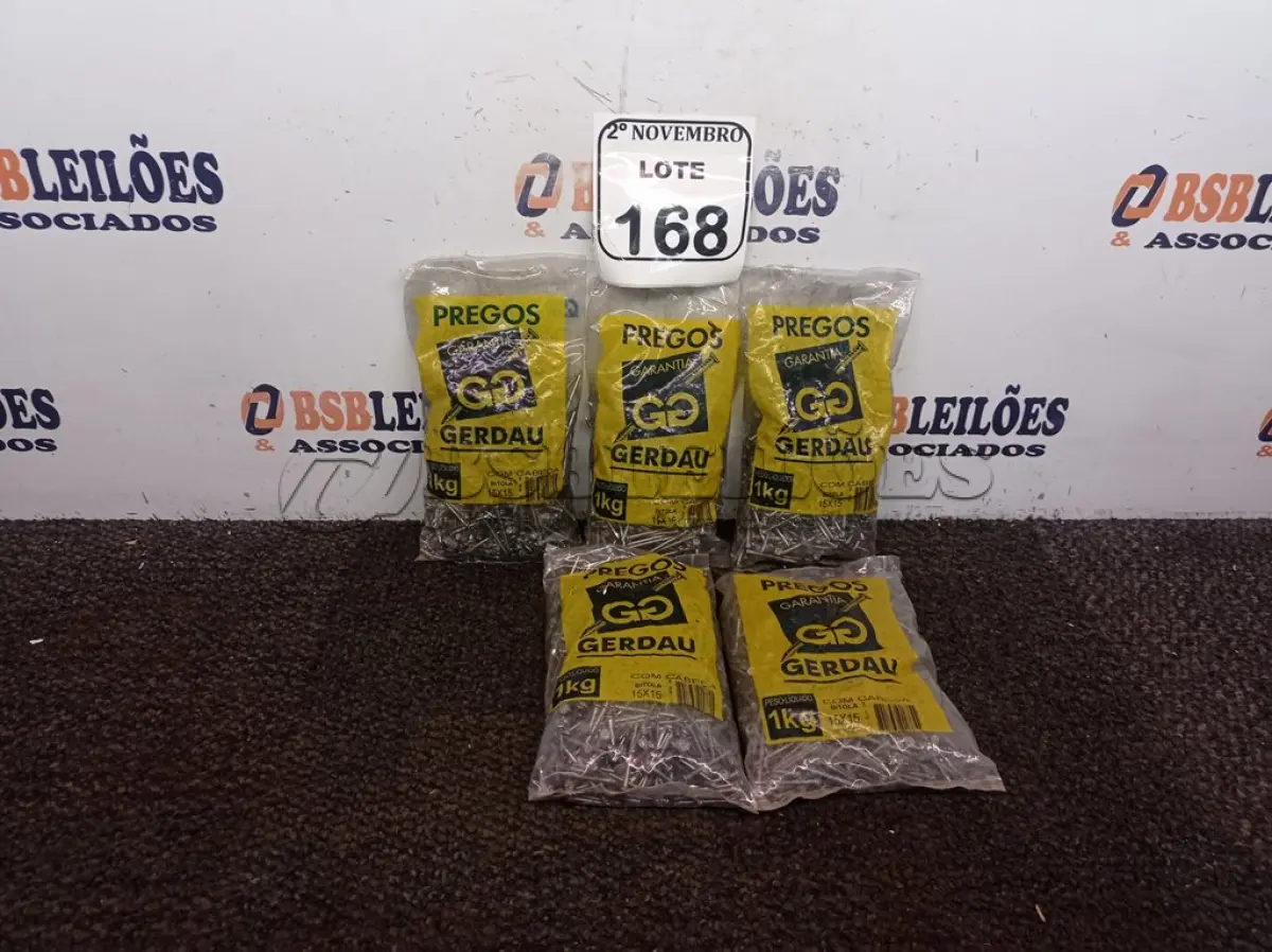 LOTE 168 - 5KG DE PREGOS MARCA GERDAU(NOVO). (NO ESTADO) ATENÇÃO! FAZER A VISITAÇÃO ANTES DE ARREMATAR, NÃO SABEMOS SE FUNCIONA. LEILÃO NÃO TEM GARANTIA E NEM DEVOLUÇÃO, SUJEITO A POSSÍVEIS AVARIAS VISÍVEIS/OCULTAS E/OU AUSÊNCIA DE COMPONENTES.