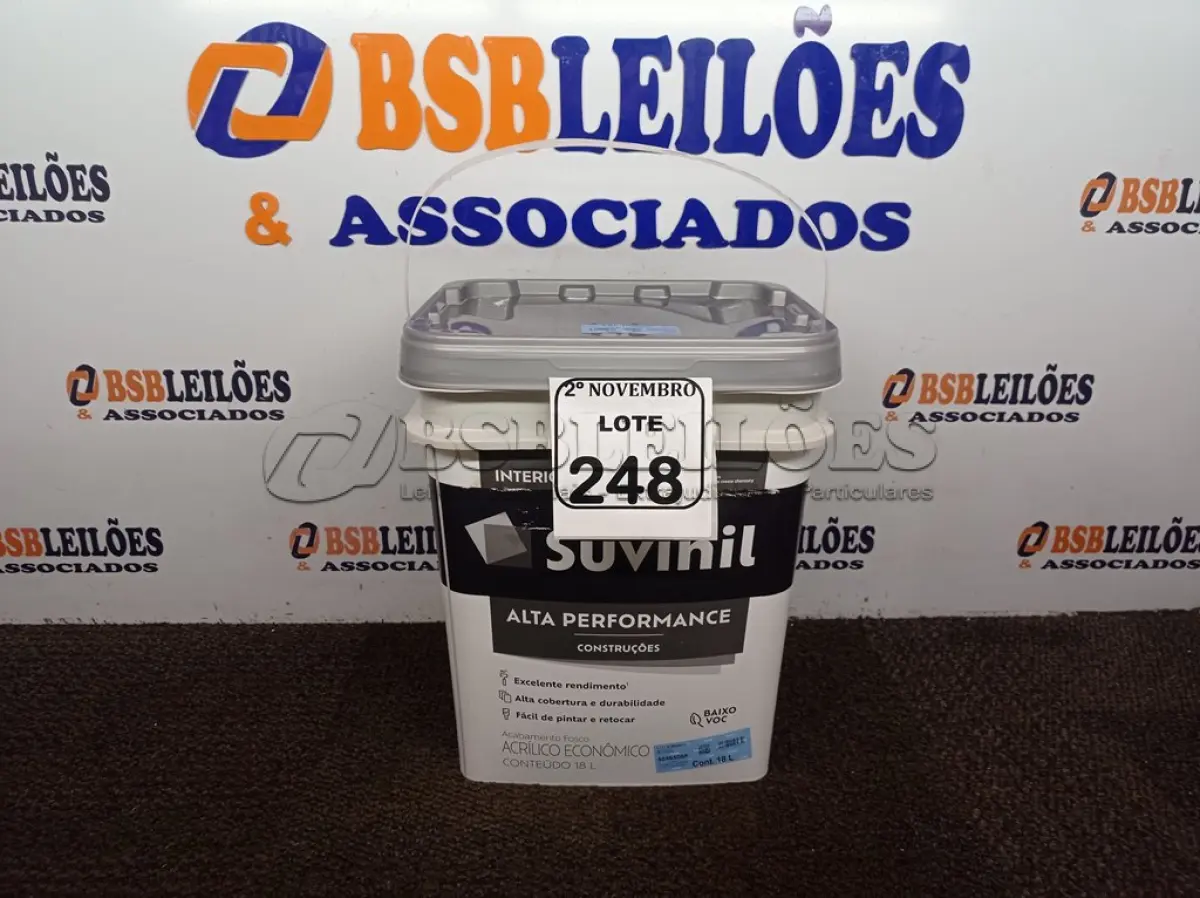 LOTE 248 - 01 GALÃO DE TINTA FOSCO BRANCO 18L MARCA SUVINIL(NOVO). (NO ESTADO) ATENÇÃO! FAZER A VISITAÇÃO ANTES DE ARREMATAR, NÃO SABEMOS SE FUNCIONA. LEILÃO NÃO TEM GARANTIA E NEM DEVOLUÇÃO, SUJEITO A POSSÍVEIS AVARIAS VISÍVEIS/OCULTAS E/OU AUSÊNCIA DE COMPONENTES.