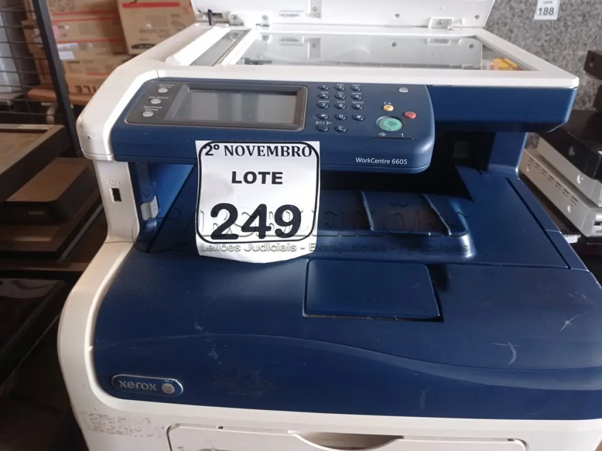 LOTE 249 - 01 IMPRESSORA MULTIFUNCIONAL MARCA XEROX MODELO WORKCENTRE 6605. (NO ESTADO) ATENÇÃO! FAZER A VISITAÇÃO ANTES DE ARREMATAR, NÃO SABEMOS SE FUNCIONA. LEILÃO NÃO TEM GARANTIA E NEM DEVOLUÇÃO, SUJEITO A POSSÍVEIS AVARIAS VISÍVEIS/OCULTAS E/OU AUSÊNCIA DE COMPONENTES.