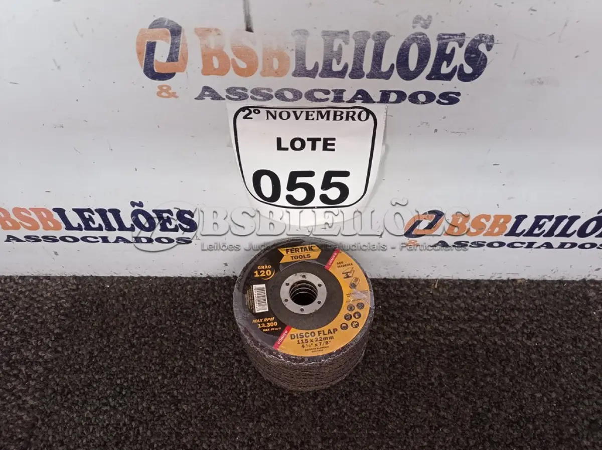 LOTE 055 - 10 DISCOS FLAP 115X22MM ÓXIDO DE ALUMÍNIO MARCA FERTAK(NOVO). (NO ESTADO) ATENÇÃO! FAZER A VISITAÇÃO ANTES DE ARREMATAR, NÃO SABEMOS SE FUNCIONA. LEILÃO NÃO TEM GARANTIA E NEM DEVOLUÇÃO, SUJEITO A POSSÍVEIS AVARIAS VISÍVEIS/OCULTAS E/OU AUSÊNCIA DE COMPONENTES.