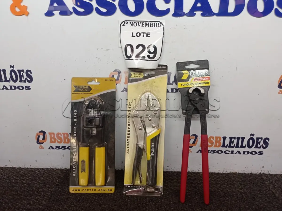 LOTE 029 - 01 ALICATE DE PRESSÃO 10, 01 TORQUE ARMADOR E 01 ALICATE CRIMPADOR RJ45 MARCA FERTAK(NOVO). (NO ESTADO) ATENÇÃO! FAZER A VISITAÇÃO ANTES DE ARREMATAR, NÃO SABEMOS SE FUNCIONA. LEILÃO NÃO TEM GARANTIA E NEM DEVOLUÇÃO, SUJEITO A POSSÍVEIS AVARIAS VISÍVEIS/OCULTAS E/OU AUSÊNCIA DE COMPONENTES.