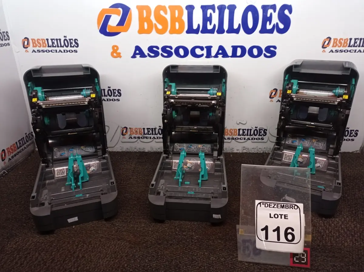 LOTE 116 - 03 IMPRESSORAS DE ETIQUETA MARCA ZEBRA. (NO ESTADO) ATENÇÃO! FAZER A VISITAÇÃO ANTES DE ARREMATAR, NÃO SABEMOS SE FUNCIONA. LEILÃO NÃO TEM GARANTIA E NEM DEVOLUÇÃO, SUJEITO A POSSÍVEIS AVARIAS VISÍVEIS/OCULTAS E/OU AUSÊNCIA DE COMPONENTES.