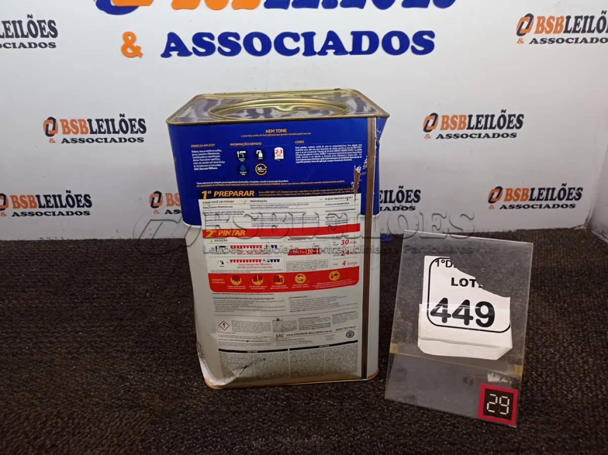 LOTE 449 - 01 LATA DE TINTA SHERWIN WILLIAMS KEM TONE ANTIMOFO 18L.(SEM USO) (NO ESTADO) ATENÇÃO! FAZER A VISITAÇÃO ANTES DE ARREMATAR, NÃO SABEMOS SE FUNCIONA. LEILÃO NÃO TEM GARANTIA E NEM DEVOLUÇÃO, SUJEITO A POSSÍVEIS AVARIAS VISÍVEIS/OCULTAS E/OU AUSÊNCIA DE COMPONENTES.