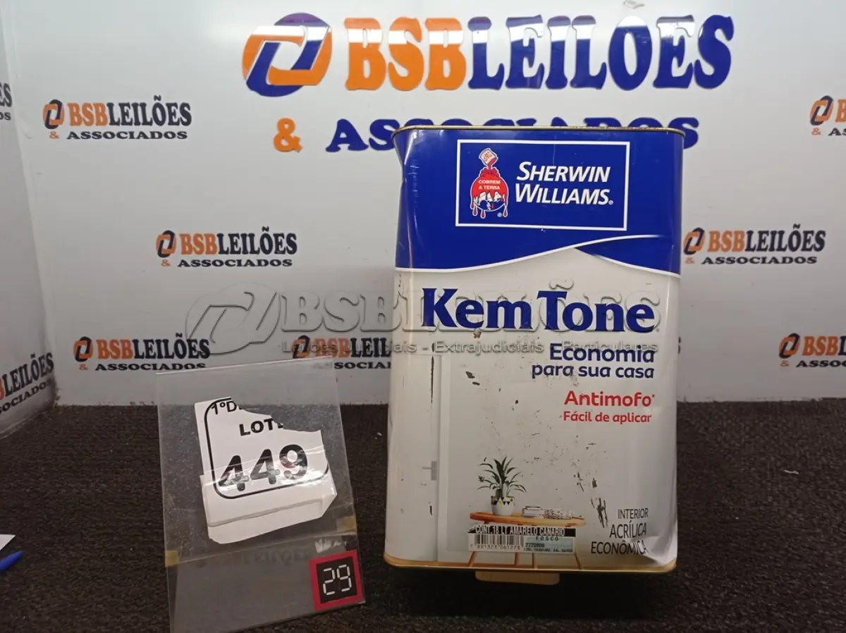 LOTE 449 - 01 LATA DE TINTA SHERWIN WILLIAMS KEM TONE ANTIMOFO 18L.(SEM USO) (NO ESTADO) ATENÇÃO! FAZER A VISITAÇÃO ANTES DE ARREMATAR, NÃO SABEMOS SE FUNCIONA. LEILÃO NÃO TEM GARANTIA E NEM DEVOLUÇÃO, SUJEITO A POSSÍVEIS AVARIAS VISÍVEIS/OCULTAS E/OU AUSÊNCIA DE COMPONENTES.