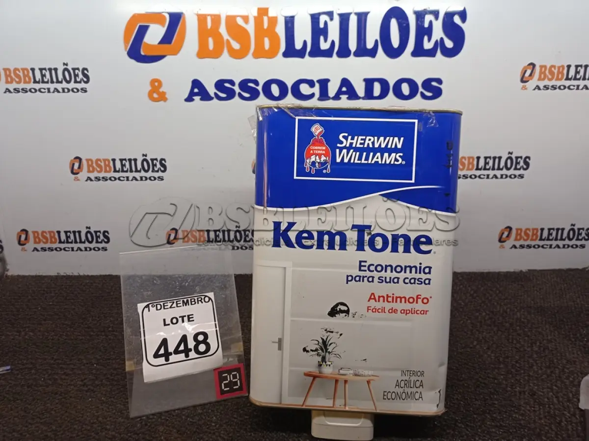 LOTE 448 - 01 LATA DE TINTA SHERWIN WILLIAMS KEM TONE ANTIMOFO 18L.(SEM USO) (NO ESTADO) ATENÇÃO! FAZER A VISITAÇÃO ANTES DE ARREMATAR, NÃO SABEMOS SE FUNCIONA. LEILÃO NÃO TEM GARANTIA E NEM DEVOLUÇÃO, SUJEITO A POSSÍVEIS AVARIAS VISÍVEIS/OCULTAS E/OU AUSÊNCIA DE COMPONENTES.