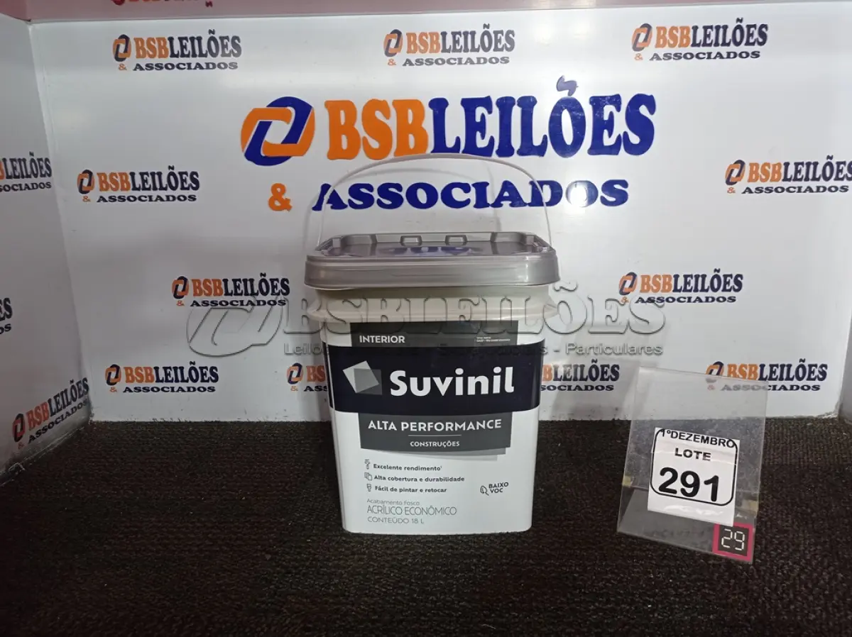 LOTE 291 - 01 GALÃO DE TINTA FOSCO BRANCO MARCA SUVINIL 18L.(VALIDADE 09/2027)(NO ESTADO) ATENÇÃO! FAZER A VISITAÇÃO ANTES DE ARREMATAR, NÃO SABEMOS SE FUNCIONA. LEILÃO NÃO TEM GARANTIA E NEM DEVOLUÇÃO, SUJEITO A POSSÍVEIS AVARIAS VISÍVEIS/OCULTAS E/OU AUSÊNCIA DE COMPONENTES.