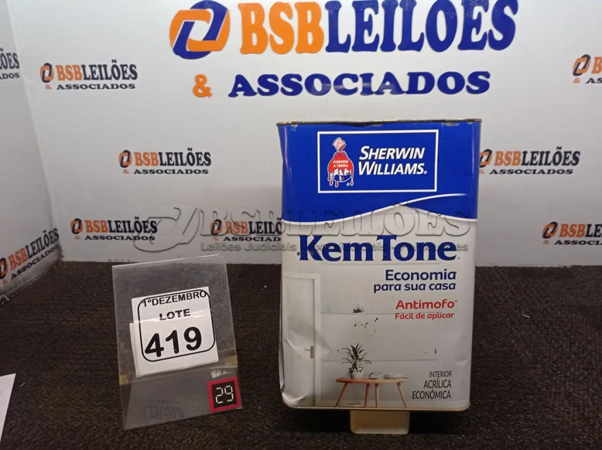 LOTE 419 - 01 LATA DE TINTA SHERWIN WILLIAMS KEM TONE ANTIMOFO 18L.(SEM USO) (NO ESTADO) ATENÇÃO! FAZER A VISITAÇÃO ANTES DE ARREMATAR, NÃO SABEMOS SE FUNCIONA. LEILÃO NÃO TEM GARANTIA E NEM DEVOLUÇÃO, SUJEITO A POSSÍVEIS AVARIAS VISÍVEIS/OCULTAS E/OU AUSÊNCIA DE COMPONENTES.