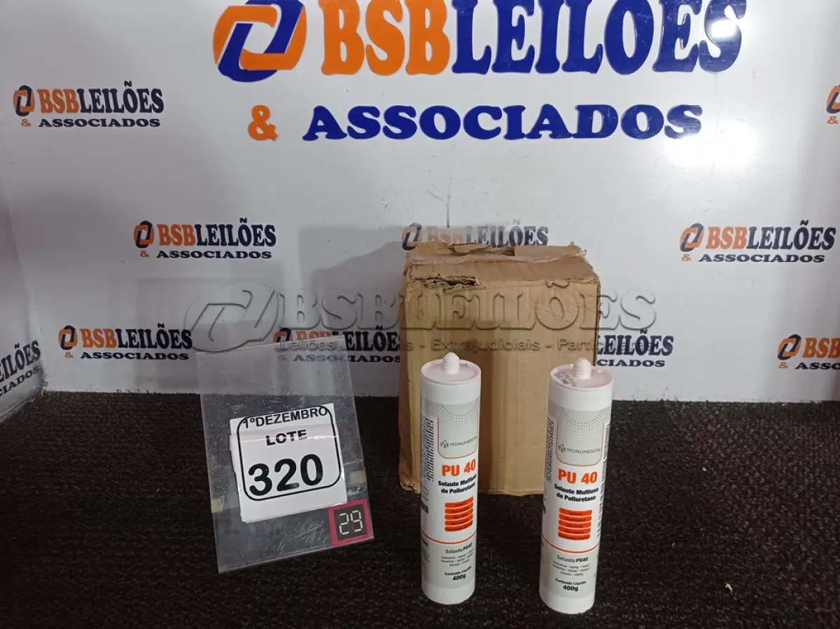 LOTE 320 - 12 SELANTES PU-40 MULTIUSO DE POLIURETANO. (NO ESTADO) ATENÇÃO! FAZER A VISITAÇÃO ANTES DE ARREMATAR, NÃO SABEMOS SE FUNCIONA. LEILÃO NÃO TEM GARANTIA E NEM DEVOLUÇÃO, SUJEITO A POSSÍVEIS AVARIAS VISÍVEIS/OCULTAS E/OU AUSÊNCIA DE COMPONENTES.