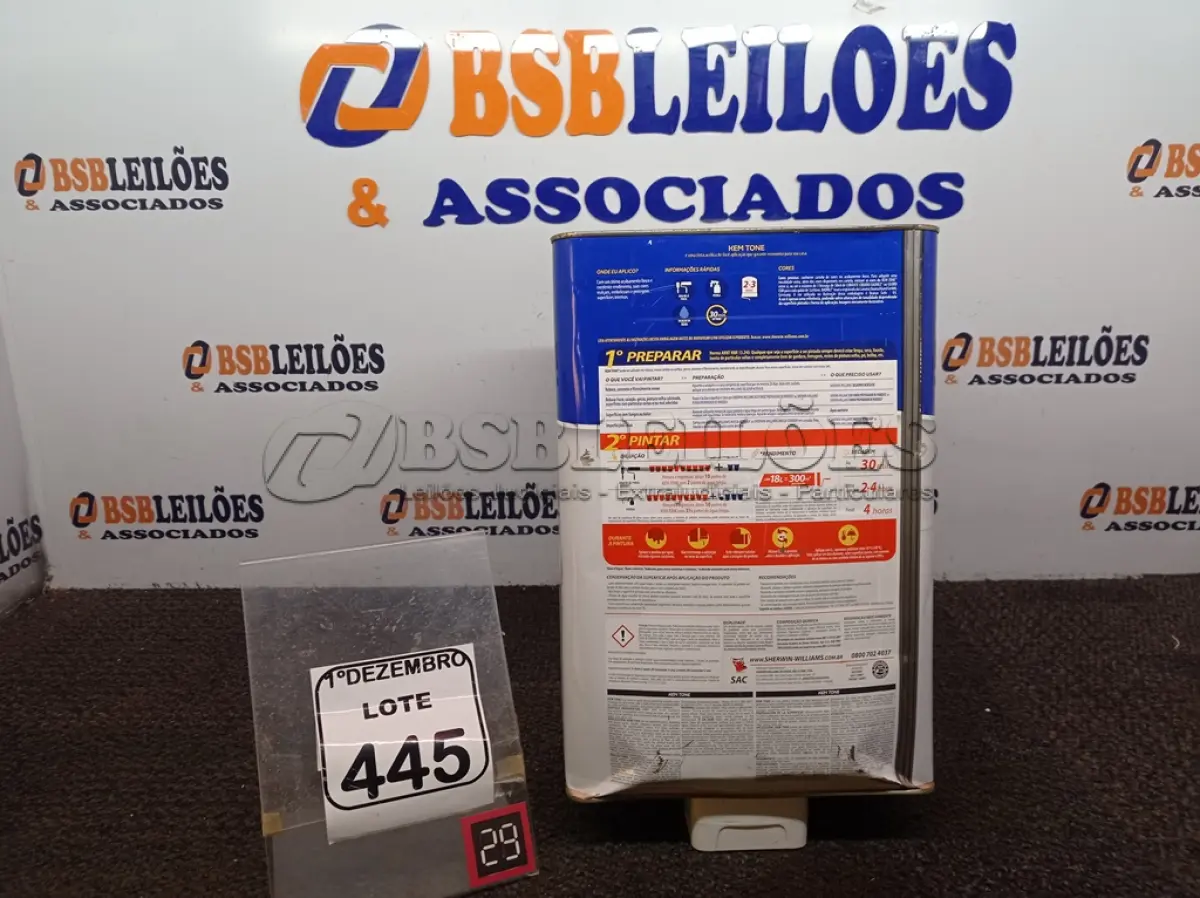 LOTE 445 - 01 LATA DE TINTA SHERWIN WILLIAMS KEM TONE ANTIMOFO 18L.(SEM USO) (NO ESTADO) ATENÇÃO! FAZER A VISITAÇÃO ANTES DE ARREMATAR, NÃO SABEMOS SE FUNCIONA. LEILÃO NÃO TEM GARANTIA E NEM DEVOLUÇÃO, SUJEITO A POSSÍVEIS AVARIAS VISÍVEIS/OCULTAS E/OU AUSÊNCIA DE COMPONENTES.