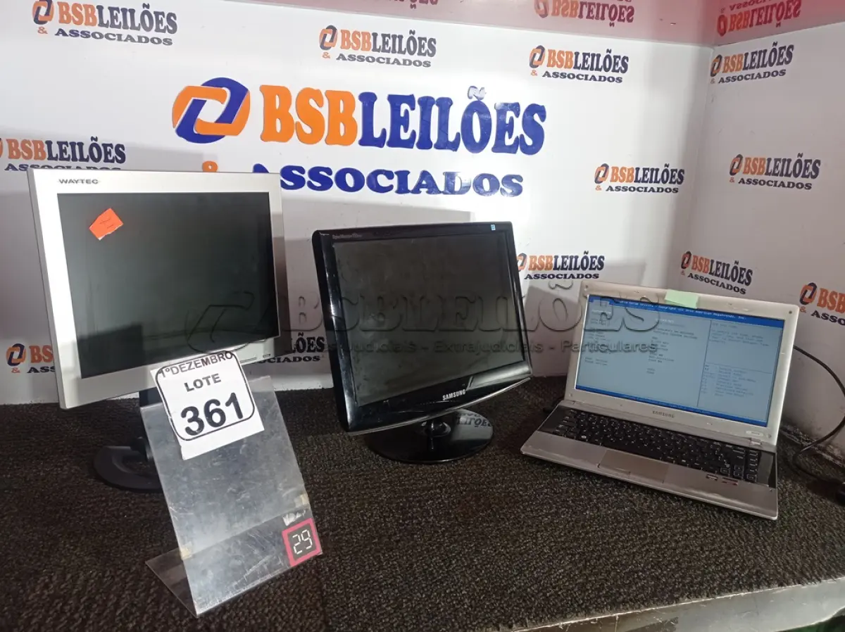 LOTE 361 - 01 NOTEBOOK MARCA SAMSUNG E 02 MONITORES MARCAS E MODELOS DIVERSOS. (NO ESTADO) ATENÇÃO! FAZER A VISITAÇÃO ANTES DE ARREMATAR, NÃO SABEMOS SE FUNCIONA. LEILÃO NÃO TEM GARANTIA E NEM DEVOLUÇÃO, SUJEITO A POSSÍVEIS AVARIAS VISÍVEIS/OCULTAS E/OU AUSÊNCIA DE COMPONENTES.