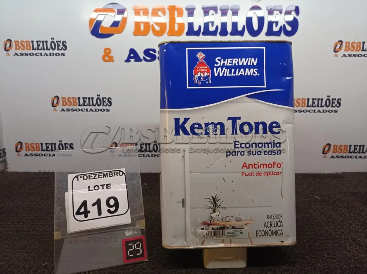 LOTE 419 - 01 LATA DE TINTA SHERWIN WILLIAMS KEM TONE ANTIMOFO 18L.(SEM USO) (NO ESTADO) ATENÇÃO! FAZER A VISITAÇÃO ANTES DE ARREMATAR, NÃO SABEMOS SE FUNCIONA. LEILÃO NÃO TEM GARANTIA E NEM DEVOLUÇÃO, SUJEITO A POSSÍVEIS AVARIAS VISÍVEIS/OCULTAS E/OU AUSÊNCIA DE COMPONENTES.