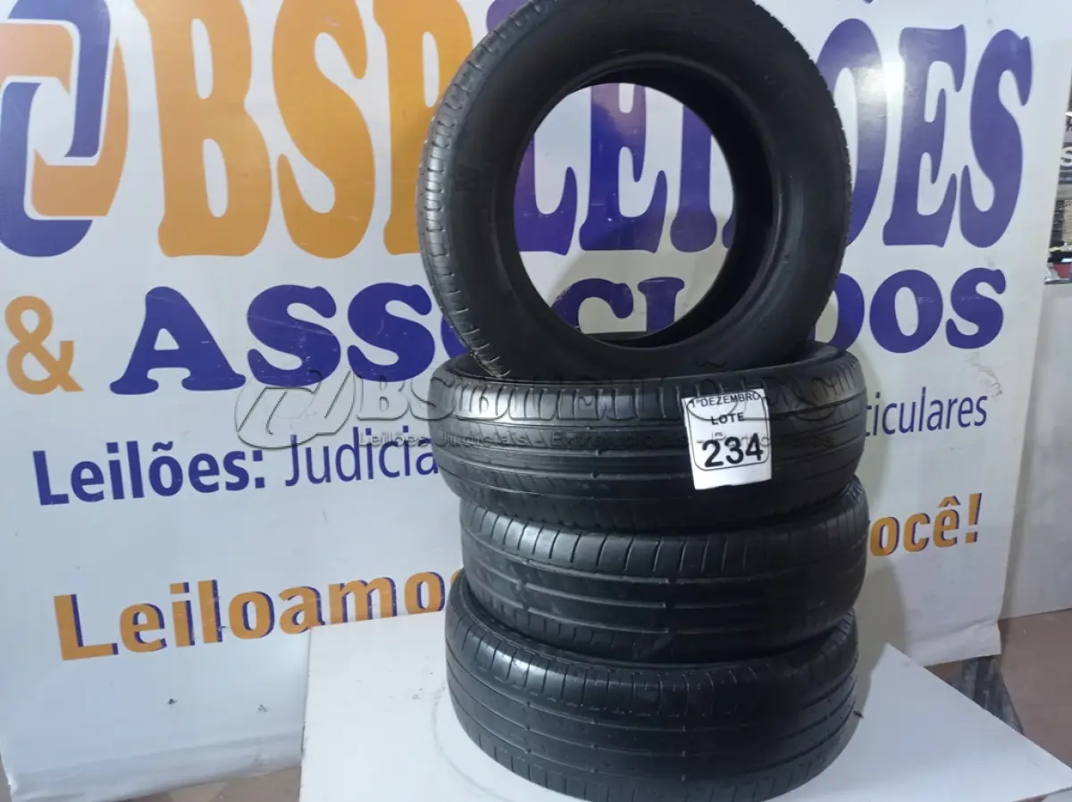 LOTE 234 - 04 PNEUS USADOS 185-65-15”. (NO ESTADO) ATENÇÃO! FAZER A VISITAÇÃO ANTES DE ARREMATAR, NÃO SABEMOS SE FUNCIONA. LEILÃO NÃO TEM GARANTIA E NEM DEVOLUÇÃO, SUJEITO A POSSÍVEIS AVARIAS VISÍVEIS/OCULTAS E/OU AUSÊNCIA DE COMPONENTES.
