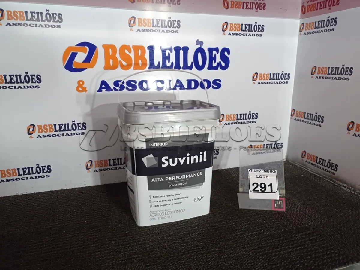 LOTE 291 - 01 GALÃO DE TINTA FOSCO BRANCO MARCA SUVINIL 18L.(VALIDADE 09/2027)(NO ESTADO) ATENÇÃO! FAZER A VISITAÇÃO ANTES DE ARREMATAR, NÃO SABEMOS SE FUNCIONA. LEILÃO NÃO TEM GARANTIA E NEM DEVOLUÇÃO, SUJEITO A POSSÍVEIS AVARIAS VISÍVEIS/OCULTAS E/OU AUSÊNCIA DE COMPONENTES.