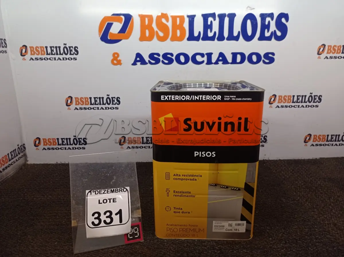 LOTE 331 - 01 LATA DE TINTA MARCA SUVINIL COR CINZA FOSCO ESCURO 18L. (NOVO) (VALIDADE 10/2027) (NO ESTADO) ATENÇÃO! FAZER A VISITAÇÃO ANTES DE ARREMATAR, NÃO SABEMOS SE FUNCIONA. LEILÃO NÃO TEM GARANTIA E NEM DEVOLUÇÃO, SUJEITO A POSSÍVEIS AVARIAS VISÍVEIS/OCULTAS E/OU AUSÊNCIA DE COMPONENTES.