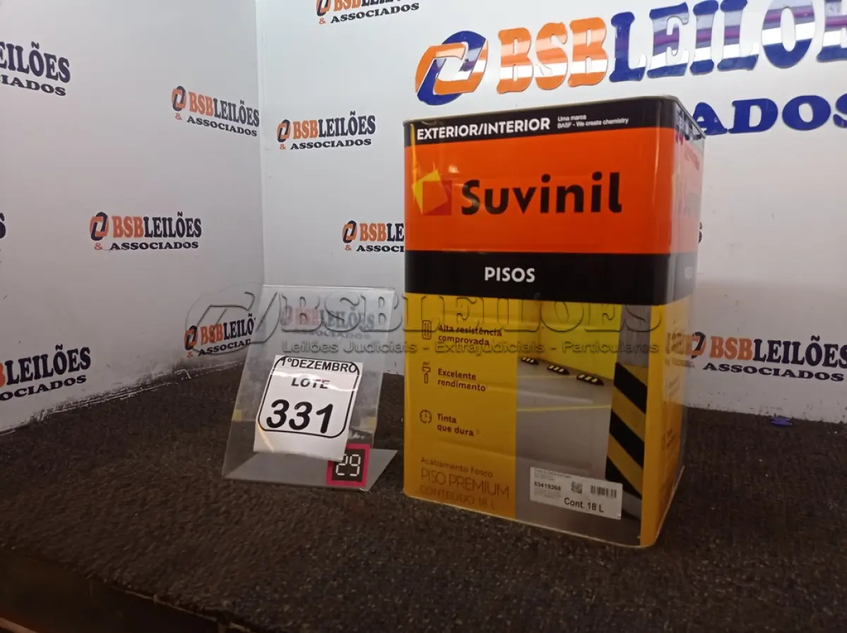 LOTE 331 - 01 LATA DE TINTA MARCA SUVINIL COR CINZA FOSCO ESCURO 18L. (NOVO) (VALIDADE 10/2027) (NO ESTADO) ATENÇÃO! FAZER A VISITAÇÃO ANTES DE ARREMATAR, NÃO SABEMOS SE FUNCIONA. LEILÃO NÃO TEM GARANTIA E NEM DEVOLUÇÃO, SUJEITO A POSSÍVEIS AVARIAS VISÍVEIS/OCULTAS E/OU AUSÊNCIA DE COMPONENTES.