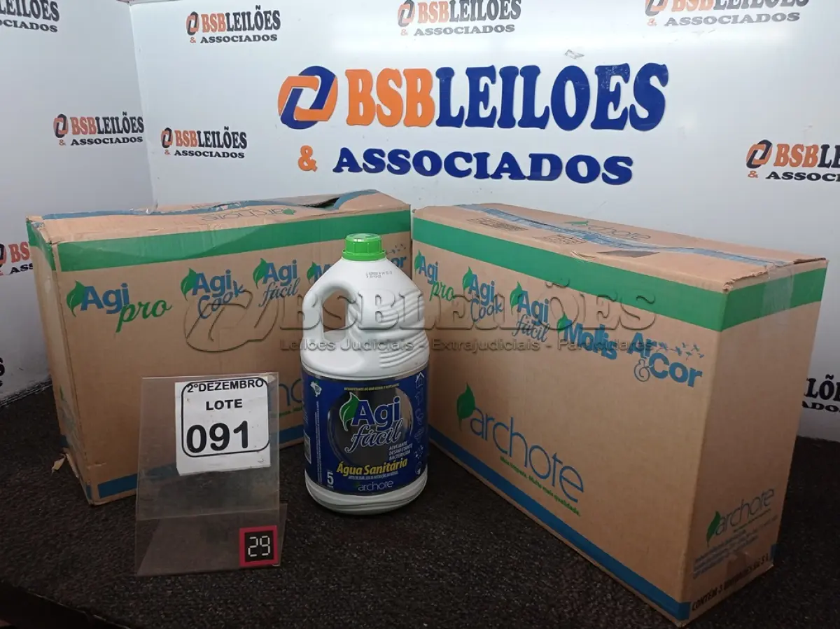 LOTE 091 - 02 CAIXAS C/03 GALÕES DE ÁGUA SANITÁRIA DE 5L CADA, MARCA AGI FÁCIL. (NO ESTADO) ATENÇÃO! FAZER A VISITAÇÃO ANTES DE ARREMATAR, NÃO SABEMOS SE FUNCIONA. LEILÃO NÃO TEM GARANTIA E NEM DEVOLUÇÃO, SUJEITO A POSSÍVEIS AVARIAS VISÍVEIS/OCULTAS E/OU AUSÊNCIA DE COMPONENTES.