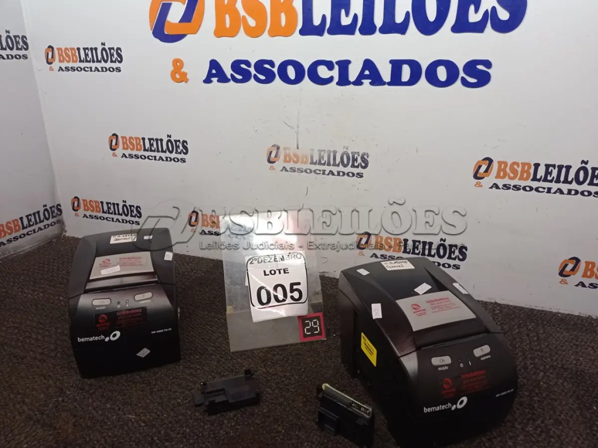 LOTE 005 - 02 IMPRESSORAS DE CUPOM FISCAL MARCA BEMATECH. (NO ESTADO) ATENÇÃO! FAZER A VISITAÇÃO ANTES DE ARREMATAR, NÃO SABEMOS SE FUNCIONA. LEILÃO NÃO TEM GARANTIA E NEM DEVOLUÇÃO, SUJEITO A POSSÍVEIS AVARIAS VISÍVEIS/OCULTAS E/OU AUSÊNCIA DE COMPONENTES.