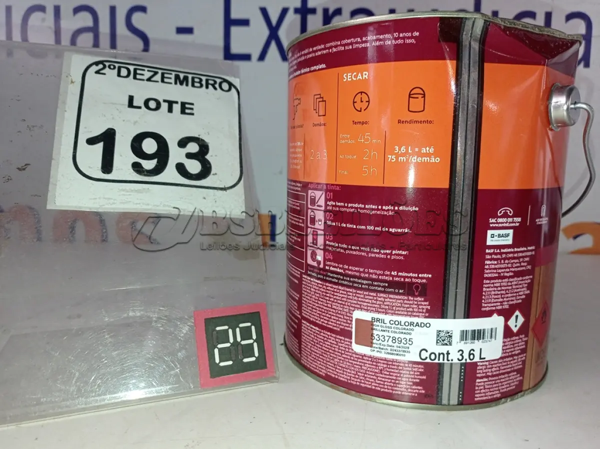LOTE 193 - 01 LATA DE TINTA COR BRILHANTE COLORADO MARCA SUVINIL 3,6L P/MADEIRAS E METAIS. (NO ESTADO) ATENÇÃO! FAZER A VISITAÇÃO ANTES DE ARREMATAR, NÃO SABEMOS SE FUNCIONA. LEILÃO NÃO TEM GARANTIA E NEM DEVOLUÇÃO, SUJEITO A POSSÍVEIS AVARIAS VISÍVEIS/OCULTAS E/OU AUSÊNCIA DE COMPONENTES.