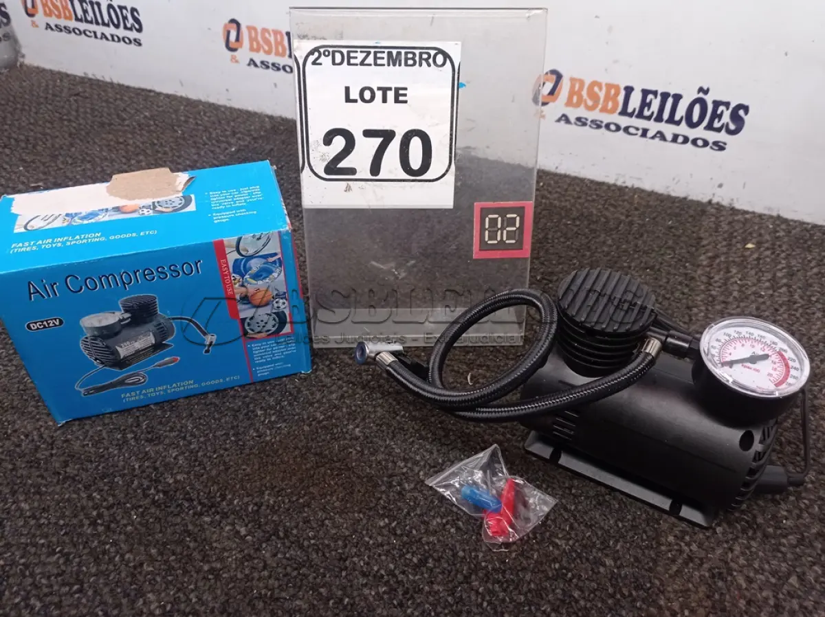 LOTE 270 - 01 MINI COMPRESSOR DE AR VEICULAR DC12V. (NO ESTADO) ATENÇÃO! FAZER A VISITAÇÃO ANTES DE ARREMATAR, NÃO SABEMOS SE FUNCIONA. LEILÃO NÃO TEM GARANTIA E NEM DEVOLUÇÃO, SUJEITO A POSSÍVEIS AVARIAS VISÍVEIS/OCULTAS E/OU AUSÊNCIA DE COMPONENTES.