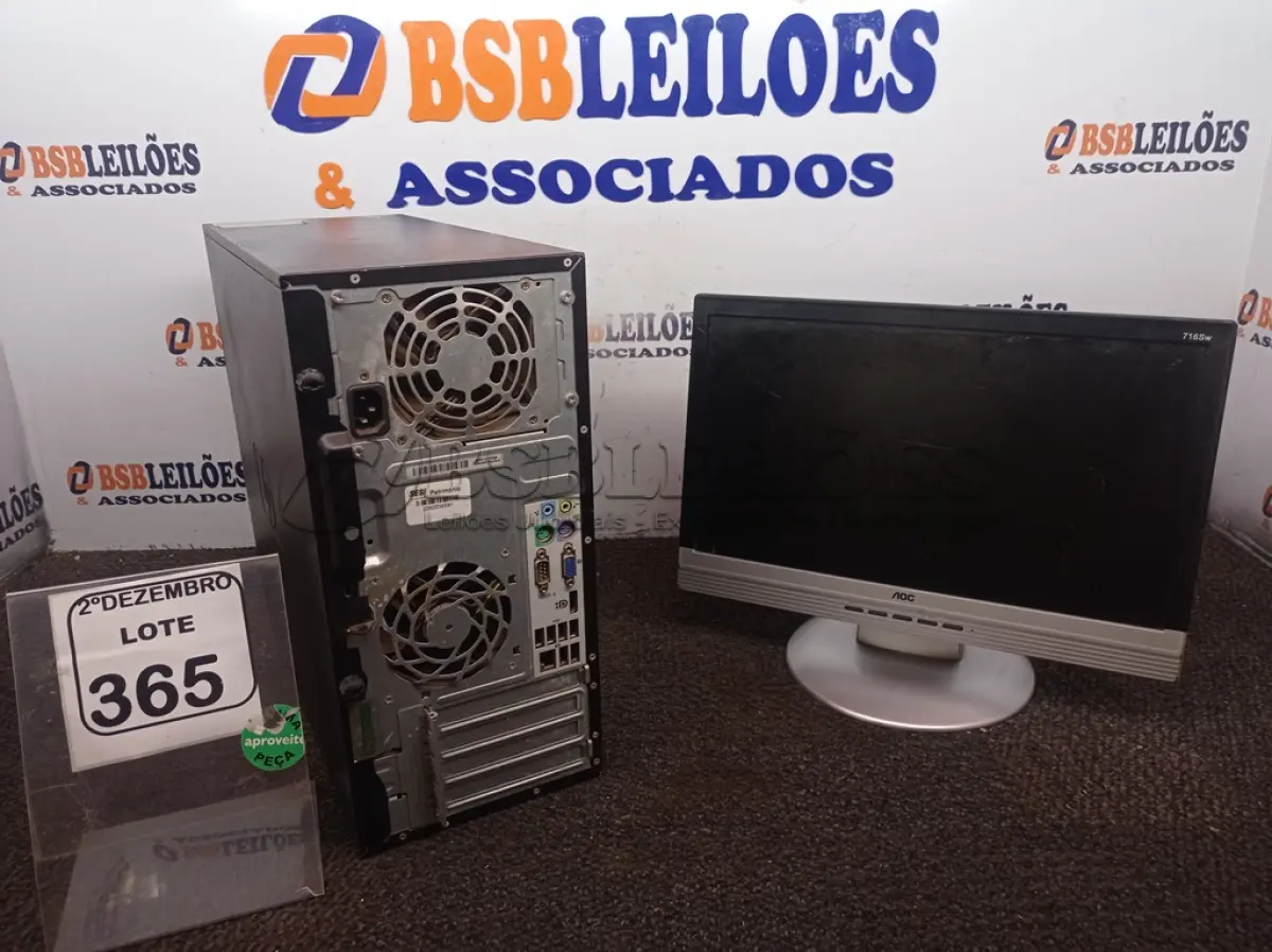 LOTE 365 - 01 CPU MARCA HP E 01 MONITOR MARCA AOC C/TECLADO E MOUSE. (NO ESTADO) ATENÇÃO! FAZER A VISITAÇÃO ANTES DE ARREMATAR, NÃO SABEMOS SE FUNCIONA. LEILÃO NÃO TEM GARANTIA E NEM DEVOLUÇÃO, SUJEITO A POSSÍVEIS AVARIAS VISÍVEIS/OCULTAS E/OU AUSÊNCIA DE COMPONENTES.