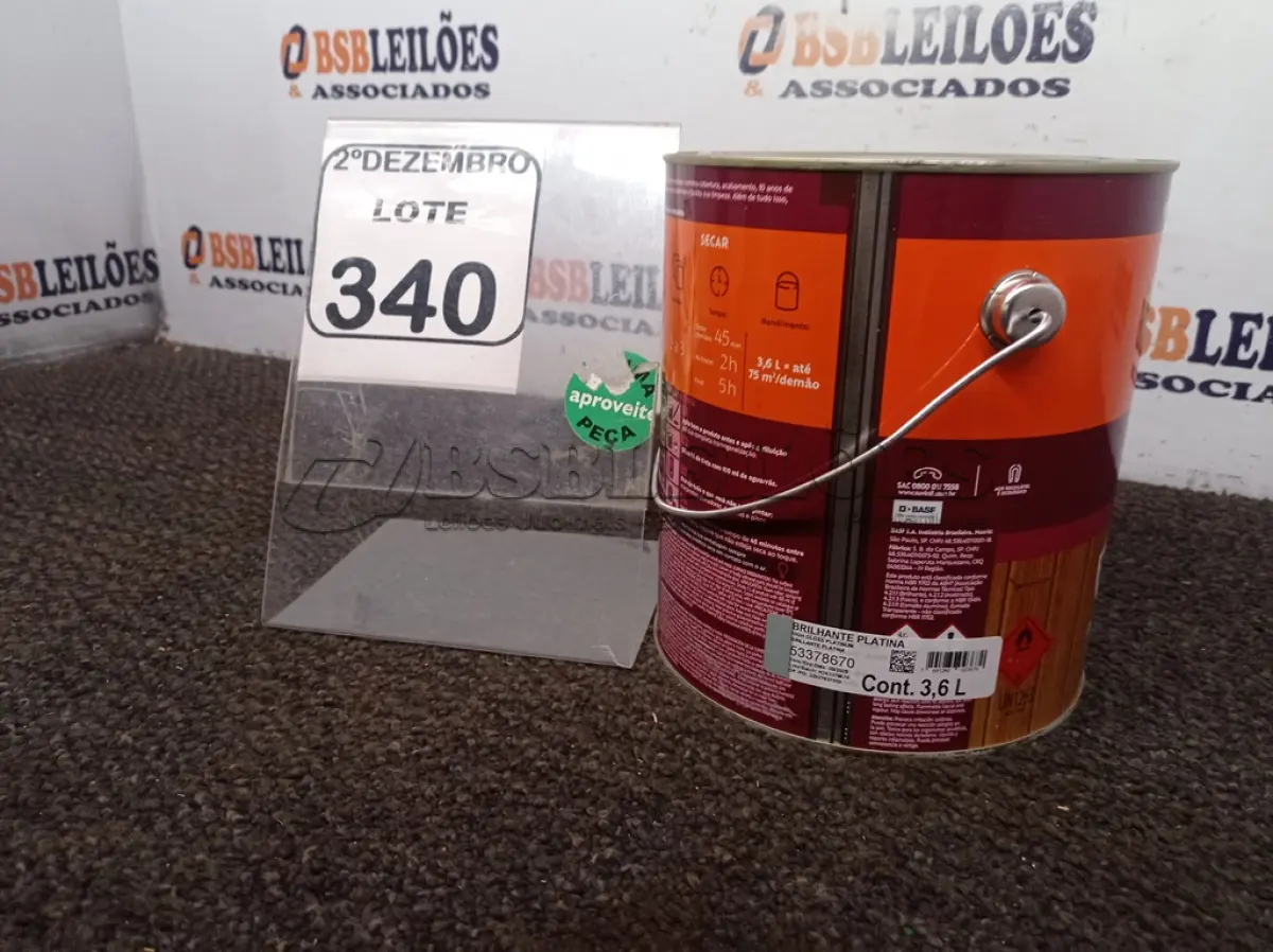 LOTE 340 - 01 LATA DE TINTA COR BRILHANTE PLATINA MARCA SUVINIL 3,6L P/MADEIRAS E METAIS. (NO ESTADO) ATENÇÃO! FAZER A VISITAÇÃO ANTES DE ARREMATAR, NÃO SABEMOS SE FUNCIONA. LEILÃO NÃO TEM GARANTIA E NEM DEVOLUÇÃO, SUJEITO A POSSÍVEIS AVARIAS VISÍVEIS/OCULTAS E/OU AUSÊNCIA DE COMPONENTES.