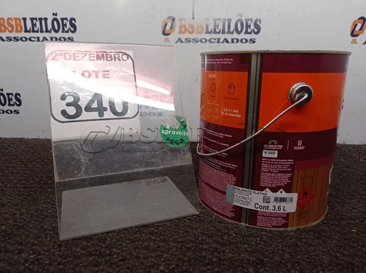 LOTE 340 - 01 LATA DE TINTA COR BRILHANTE PLATINA MARCA SUVINIL 3,6L P/MADEIRAS E METAIS. (NO ESTADO) ATENÇÃO! FAZER A VISITAÇÃO ANTES DE ARREMATAR, NÃO SABEMOS SE FUNCIONA. LEILÃO NÃO TEM GARANTIA E NEM DEVOLUÇÃO, SUJEITO A POSSÍVEIS AVARIAS VISÍVEIS/OCULTAS E/OU AUSÊNCIA DE COMPONENTES.