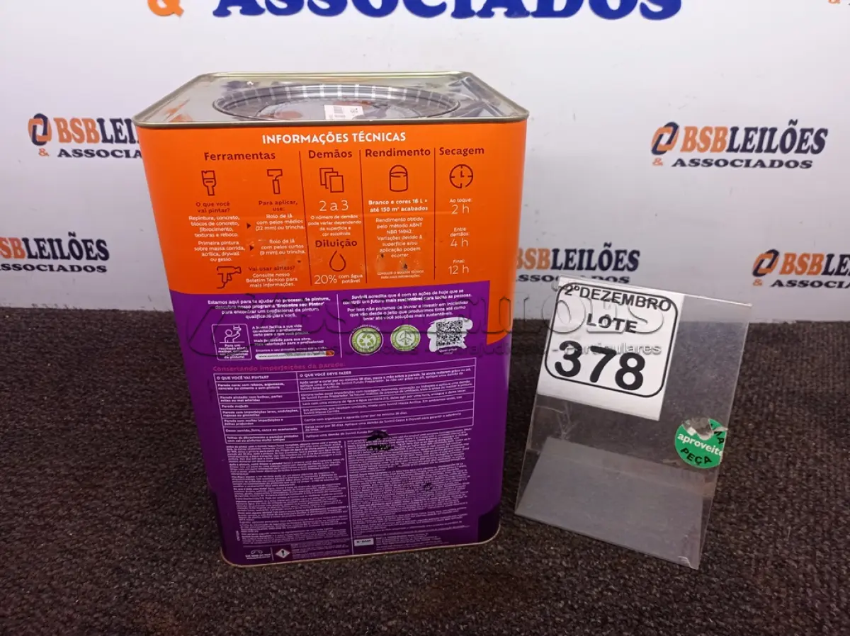 LOTE 378 - 01 LATA DE TINTA FOSCO BRANCO NEVE 18L MARCA SUVINIL. (NO ESTADO) ATENÇÃO! FAZER A VISITAÇÃO ANTES DE ARREMATAR, NÃO SABEMOS SE FUNCIONA. LEILÃO NÃO TEM GARANTIA E NEM DEVOLUÇÃO, SUJEITO A POSSÍVEIS AVARIAS VISÍVEIS/OCULTAS E/OU AUSÊNCIA DE COMPONENTES.