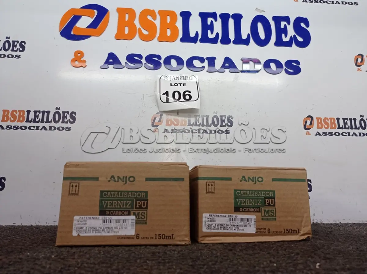 LOTE 106 - 02 CAIXAS COM 06 UNIDADES CADA DE CATALIZADOR VERNIZ PU. (NOVO) (NO ESTADO) ATENÇÃO! FAZER A VISITAÇÃO ANTES DE ARREMATAR, NÃO SABEMOS SE FUNCIONA. LEILÃO NÃO TEM GARANTIA E NEM DEVOLUÇÃO, SUJEITO A POSSÍVEIS AVARIAS VISÍVEIS/OCULTAS E/OU AUSÊNCIA DE COMPONENTES.
