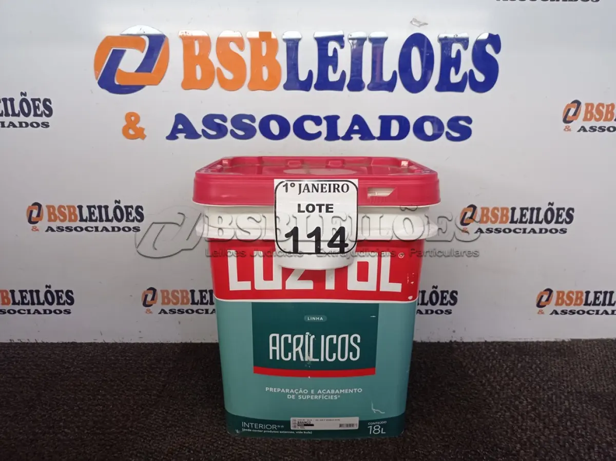 LOTE 114 - 01 GALÃO DE 18L DE PREPARAÇÃO E ACABAMENTO DE SUPERFÍCIES INTERIOR NA COR BRANCO FOSCO. (NOVO) (NO ESTADO) ATENÇÃO! FAZER A VISITAÇÃO ANTES DE ARREMATAR, NÃO SABEMOS SE FUNCIONA. LEILÃO NÃO TEM GARANTIA E NEM DEVOLUÇÃO, SUJEITO A POSSÍVEIS AVARIAS VISÍVEIS/OCULTAS E/OU AUSÊNCIA DE COMPONENTES.