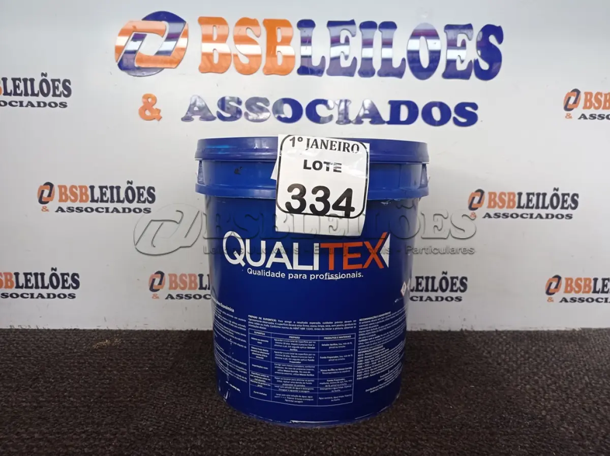LOTE 334 - 01 GALÃO DE TINTA PARA INTERIOR QUALITEX 18L RENDE ATÉ 300M. (NO ESTADO) ATENÇÃO! FAZER A VISITAÇÃO ANTES DE ARREMATAR, NÃO SABEMOS SE FUNCIONA. LEILÃO NÃO TEM GARANTIA E NEM DEVOLUÇÃO, SUJEITO A POSSÍVEIS AVARIAS VISÍVEIS/OCULTAS E/OU AUSÊNCIA DE COMPONENTES.