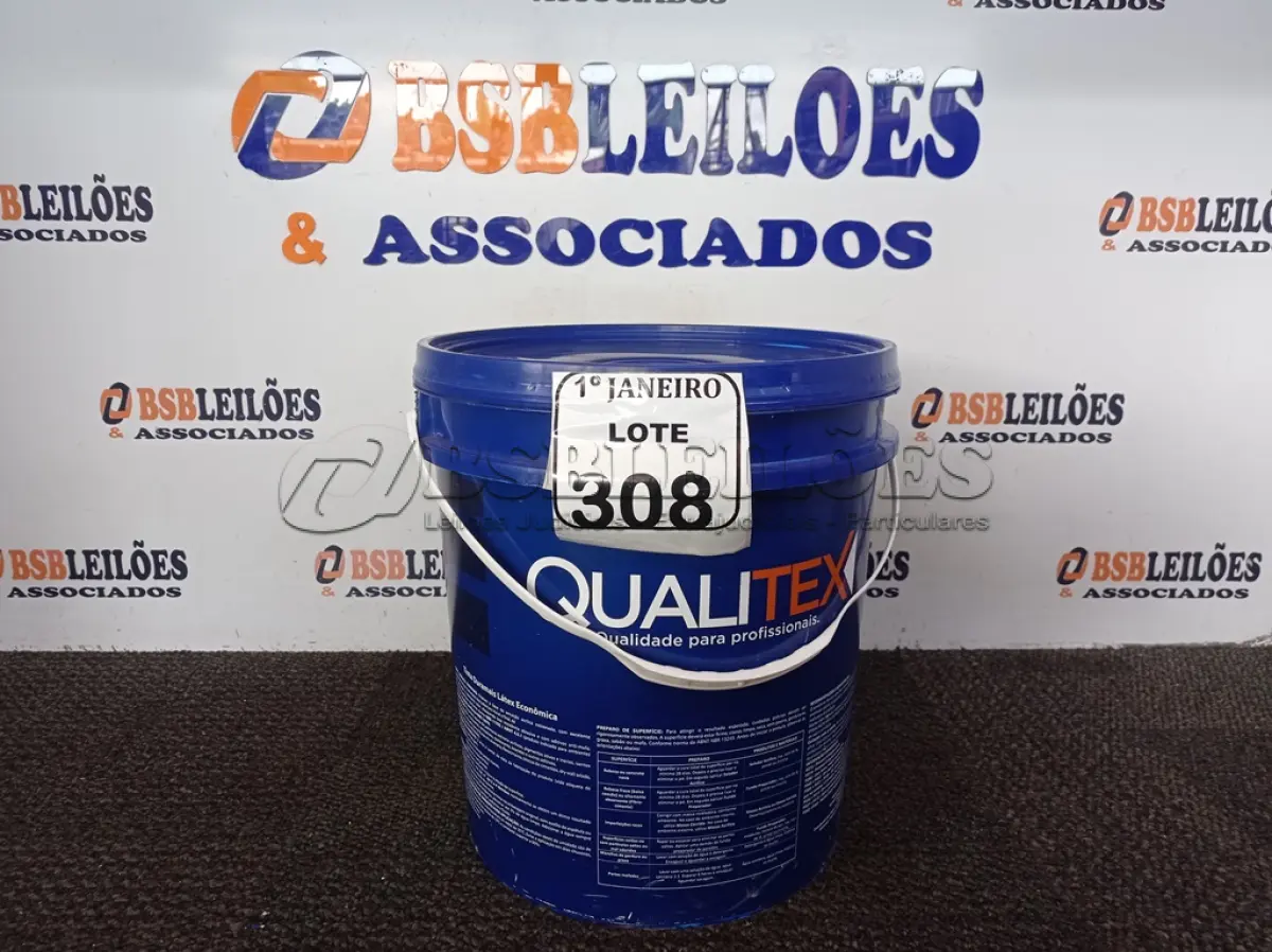 LOTE 308 - 01 GALÃO DE TINTA PARA INTERIOR QUALITEX 18L RENDE ATÉ 300M. (NO ESTADO) ATENÇÃO! FAZER A VISITAÇÃO ANTES DE ARREMATAR, NÃO SABEMOS SE FUNCIONA. LEILÃO NÃO TEM GARANTIA E NEM DEVOLUÇÃO, SUJEITO A POSSÍVEIS AVARIAS VISÍVEIS/OCULTAS E/OU AUSÊNCIA DE COMPONENTES.
