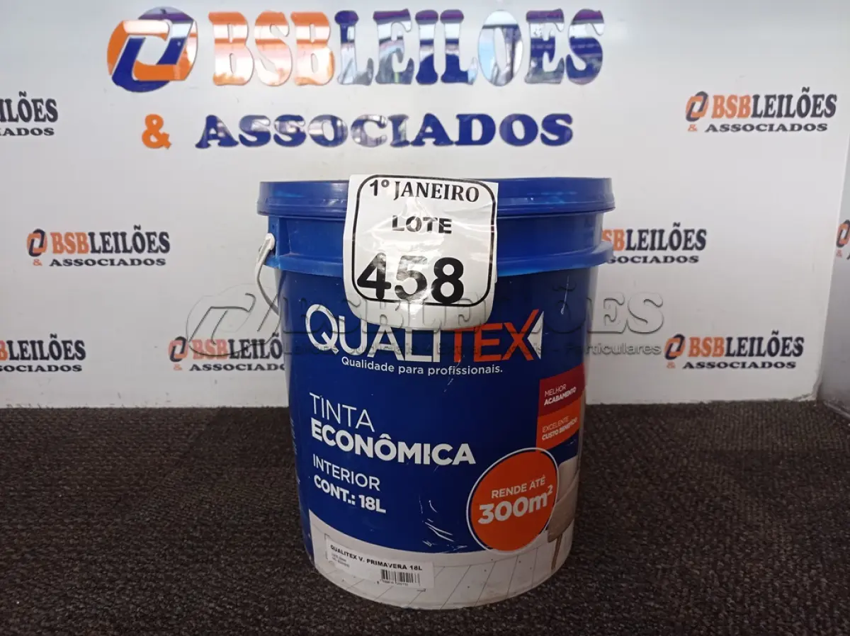 LOTE 458 - 01 GALÃO DE TINTA PARA INTERIOR QUALITEX 18L RENDE ATÉ 300M. (NO ESTADO) ATENÇÃO! FAZER A VISITAÇÃO ANTES DE ARREMATAR, NÃO SABEMOS SE FUNCIONA. LEILÃO NÃO TEM GARANTIA E NEM DEVOLUÇÃO, SUJEITO A POSSÍVEIS AVARIAS VISÍVEIS/OCULTAS E/OU AUSÊNCIA DE COMPONENTES.