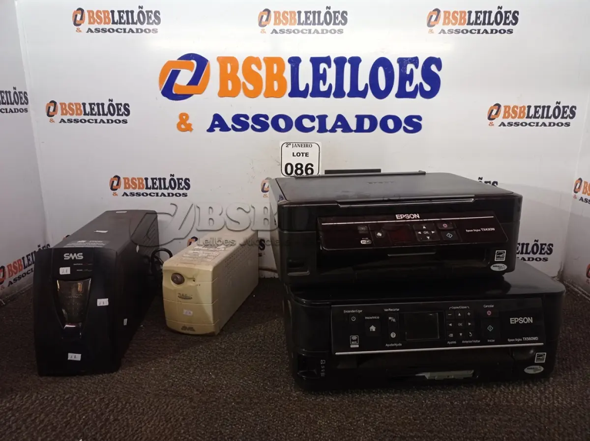 LOTE 086 - 02 IMPRESSORAS EPSON E 02 NOBREAKS. (NO ESTADO) ATENÇÃO! FAZER A VISITAÇÃO ANTES DE ARREMATAR, NÃO SABEMOS SE FUNCIONA. LEILÃO NÃO TEM GARANTIA E NEM DEVOLUÇÃO, SUJEITO A POSSÍVEIS AVARIAS VISÍVEIS/OCULTAS E/OU AUSÊNCIA DE COMPONENTES.