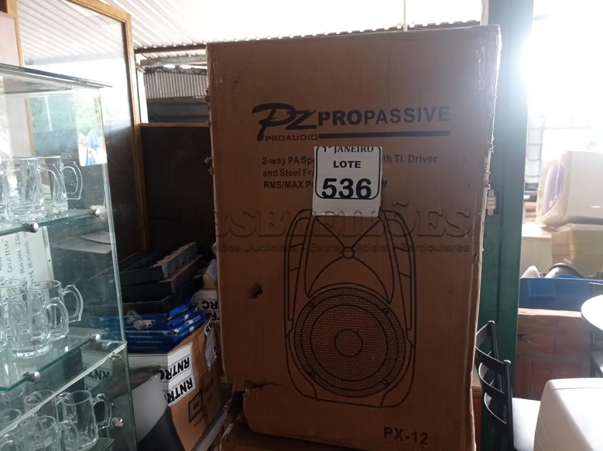 LOTE 536 - 01 CAIXA DE SOM MARCA PZ PRO ÁUDIO. (NO ESTADO) ATENÇÃO! FAZER A VISITAÇÃO ANTES DE ARREMATAR, NÃO SABEMOS SE FUNCIONA. LEILÃO NÃO TEM GARANTIA E NEM DEVOLUÇÃO, SUJEITO A POSSÍVEIS AVARIAS VISÍVEIS/OCULTAS E/OU AUSÊNCIA DE COMPONENTES.