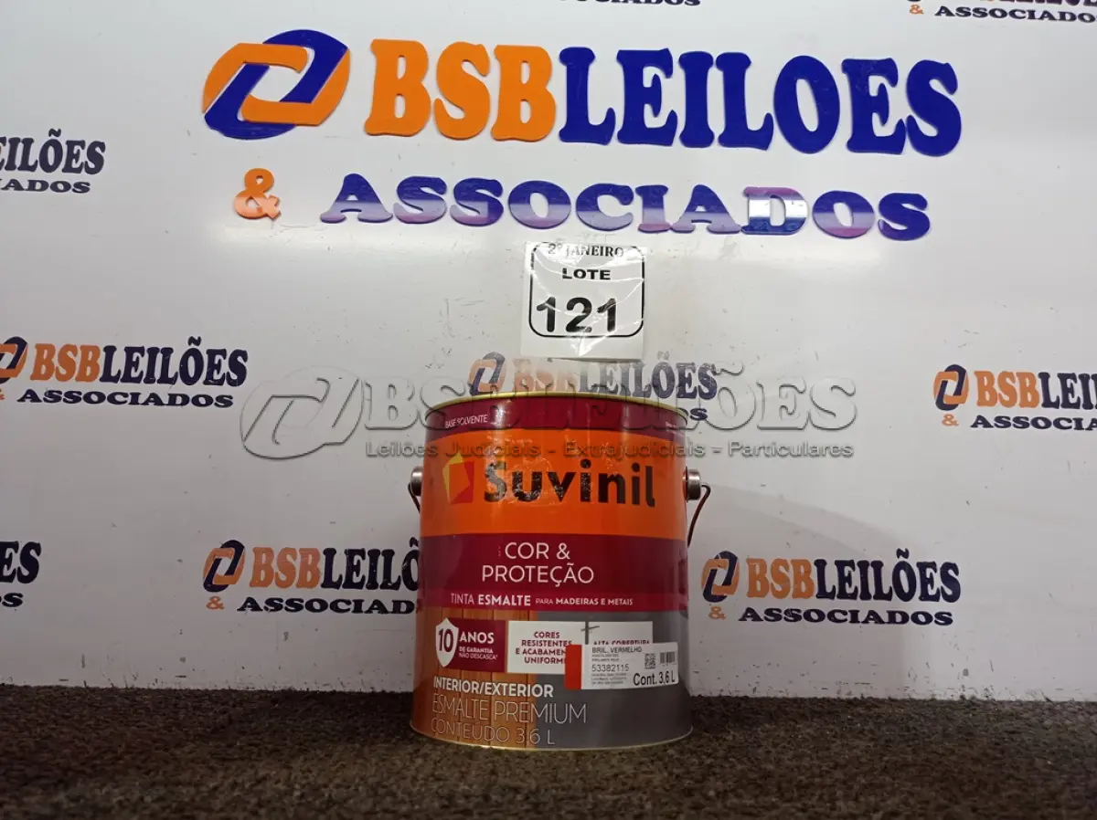 LOTE 121 - 01 LATA DE TINTA SUVINIL ESMALTE PREMIUM INTERIOR/EXTERIOR 3,6L NA COR VERMELHA. (NO ESTADO) ATENÇÃO! FAZER A VISITAÇÃO ANTES DE ARREMATAR, NÃO SABEMOS SE FUNCIONA. LEILÃO NÃO TEM GARANTIA E NEM DEVOLUÇÃO, SUJEITO A POSSÍVEIS AVARIAS VISÍVEIS/OCULTAS E/OU AUSÊNCIA DE COMPONENTES.